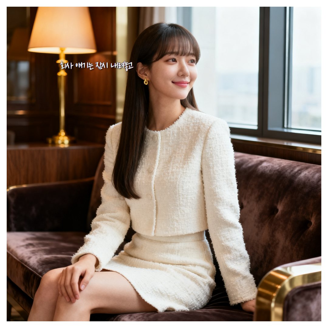 아이보리 트위드 셋업을 입고 벨벳 소파에 앉은 가상의 여성